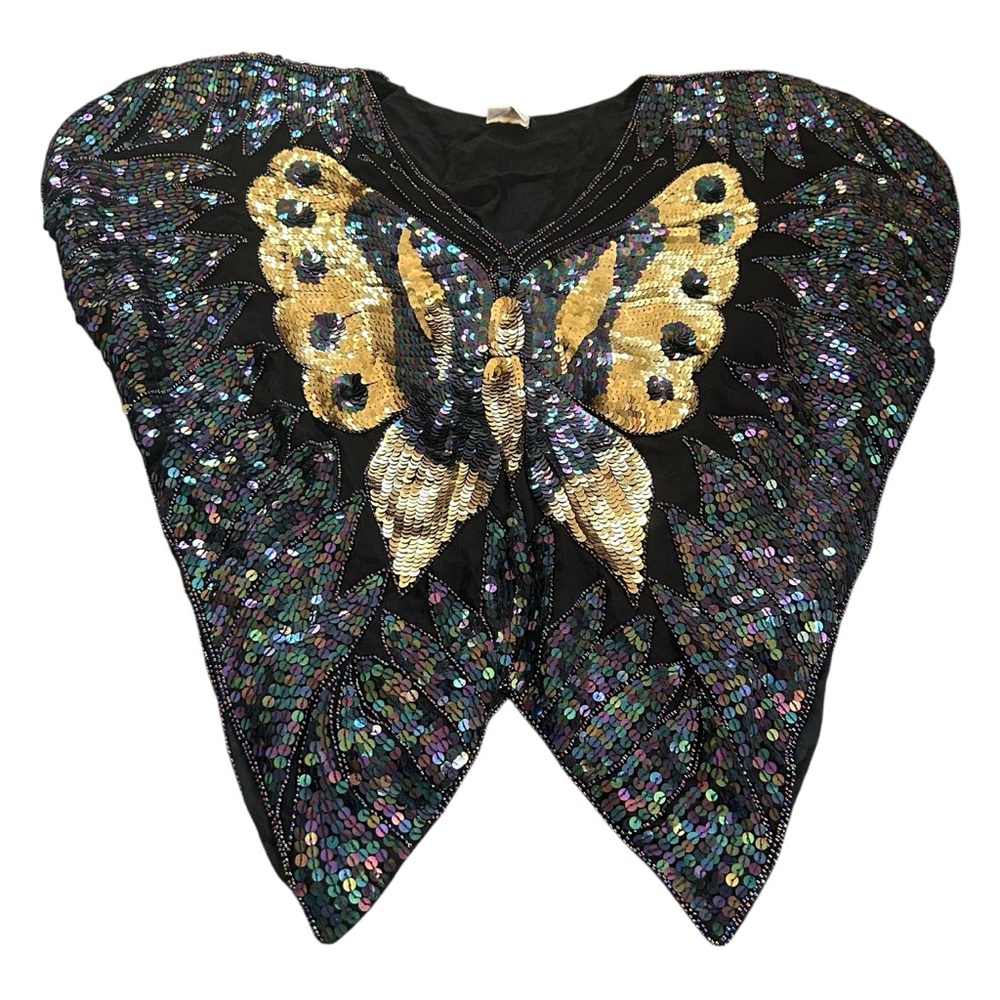 Vintage 70s Dark Rainbow & Gold Sequin Butterfly Top 100% Silk Festival Boho OS - Picture 5 of 17
